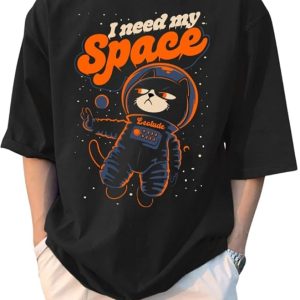 LEOTUDE Half Sleeve Oversized Cottonblend Round Neck Drop Shoulder Printed Men's T-Shirt (Color Black)