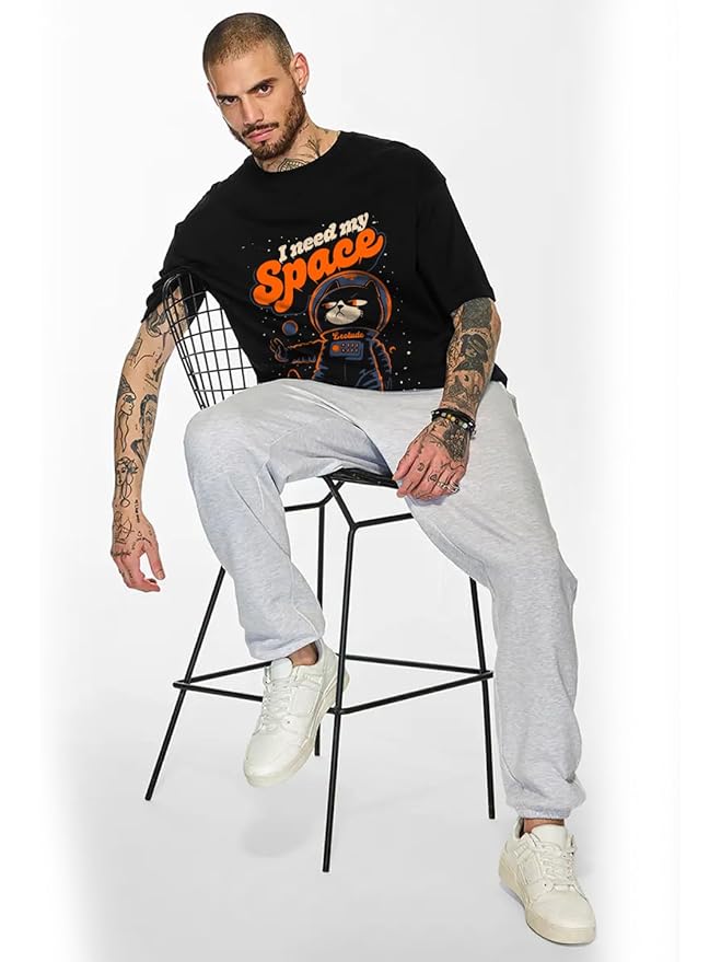 LEOTUDE Half Sleeve Oversized Cottonblend Round Neck Drop Shoulder Printed Men's T-Shirt (Color Black) - Image 3