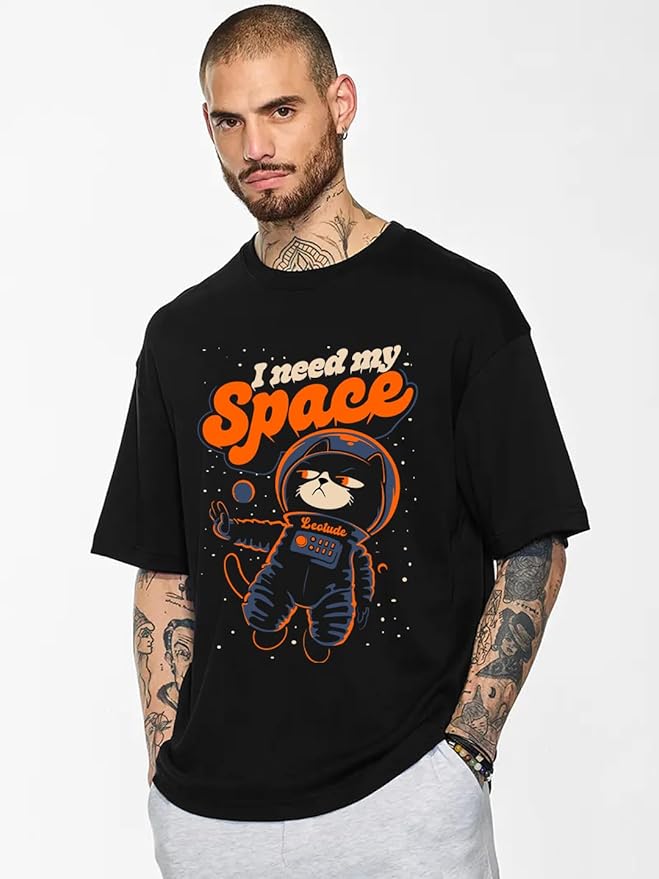 LEOTUDE Half Sleeve Oversized Cottonblend Round Neck Drop Shoulder Printed Men's T-Shirt (Color Black) - Image 5