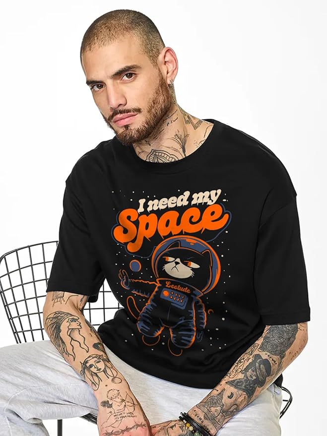 LEOTUDE Half Sleeve Oversized Cottonblend Round Neck Drop Shoulder Printed Men's T-Shirt (Color Black) - Image 4